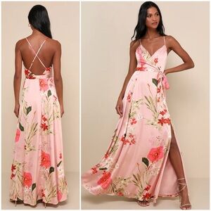 NWT Lulu's Still The One Blush Pink Floral Satin Women’s Maxi Dress Sz XS